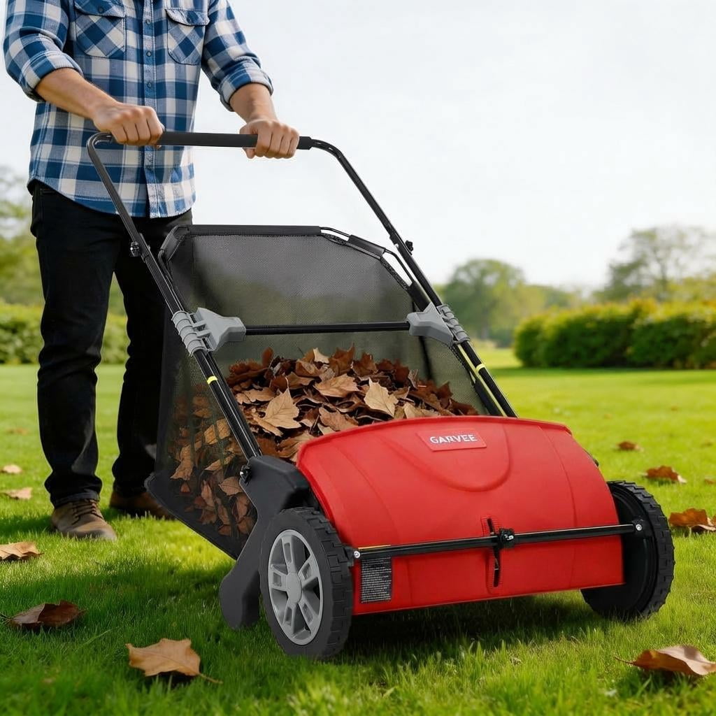 21-Inch Push Lawn Sweeper, Heavy Duty Leaf Collector Manual Leaf Sweeper Walk-Behind Grass Collector for Lawns,