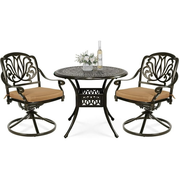VIVIJASON 3-Piece Patio Furniture Dining Set, Outdoor All-Weather Cast Aluminum Bistro Set, Include 2 Swivel Chairs and 35.4" Round Table w/Umbrella Hole for Balcony, Lawn, Garden, Antique Bronze