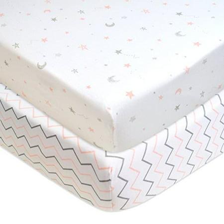 2 Sheet Mint Set American Baby Company 2 Piece Printed 100% Cotton Jersey Knit Fitted Crib Sheet, Pink Stars/Zigzag ()