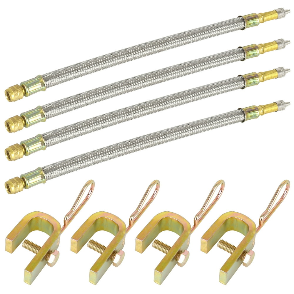 4pcs 10.23'' Length Flexible Metal Braided Tire Valve Extension Adapter with Iron Clamp for Car