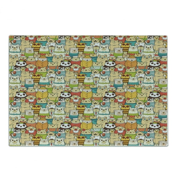 Funny Cutting Board, Many Different Polar Bears Comical Characters Funny Faces Doodle Teddy Crowd, Decorative Tempered Glass Cutting and Serving Board, Small Size, Multicolor, by Ambesonne