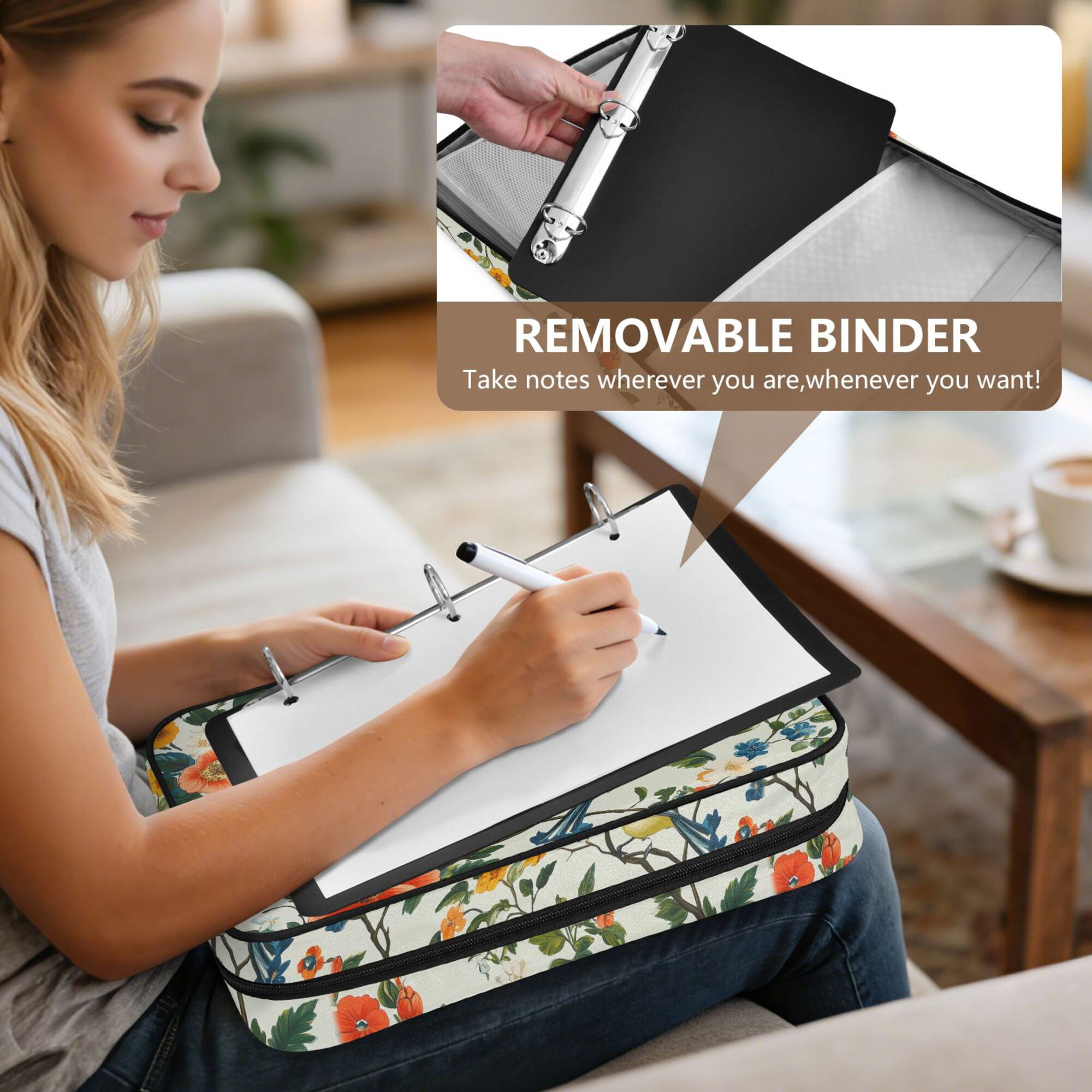 FORMRS Accordion File Folder A4 Size 7-Pocket Expanding Document Organizer Bag with 3 Ring Binder, Light Green Floral Pattern
