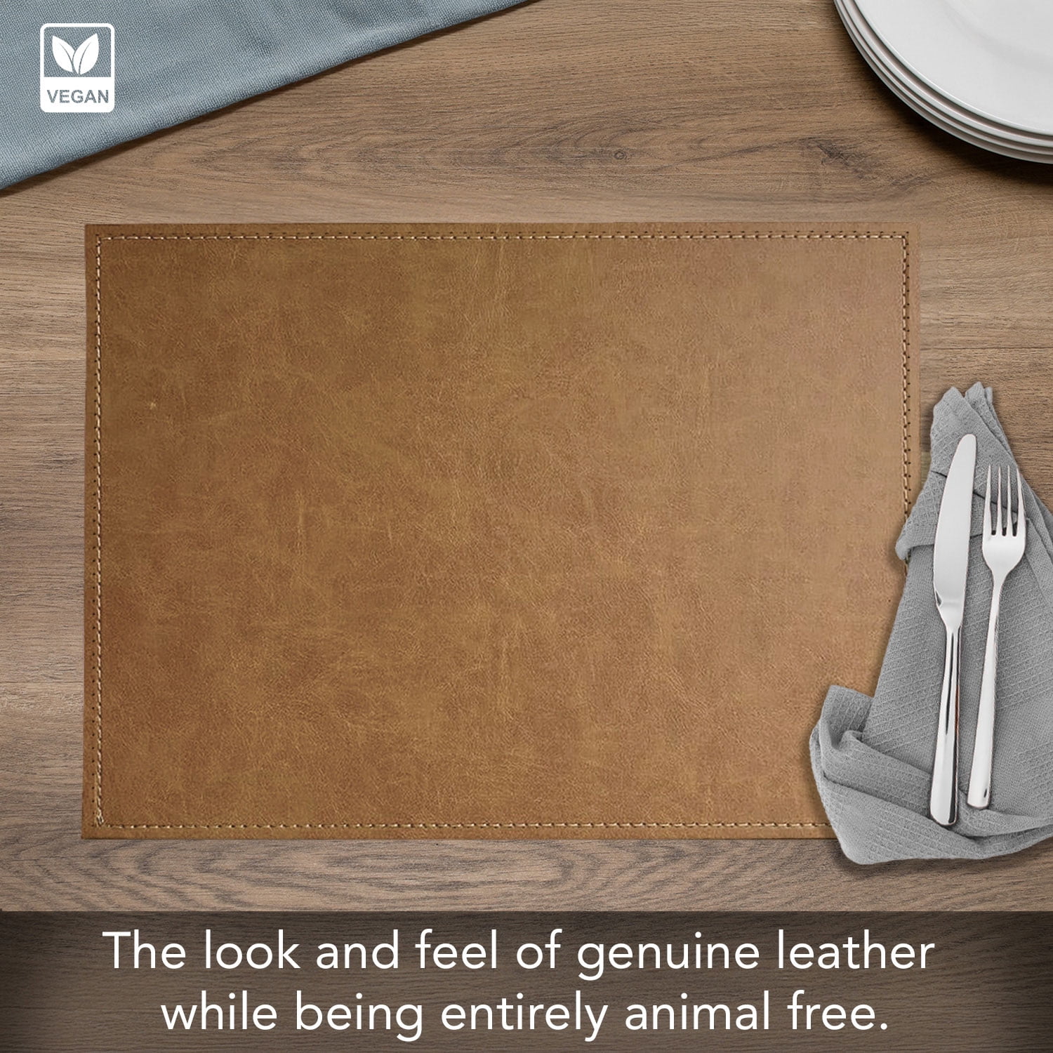 Luxurious Caramel Vegan Leather Placemats 4 Pack Look and Feel of Genuine Leather Infused with Copper