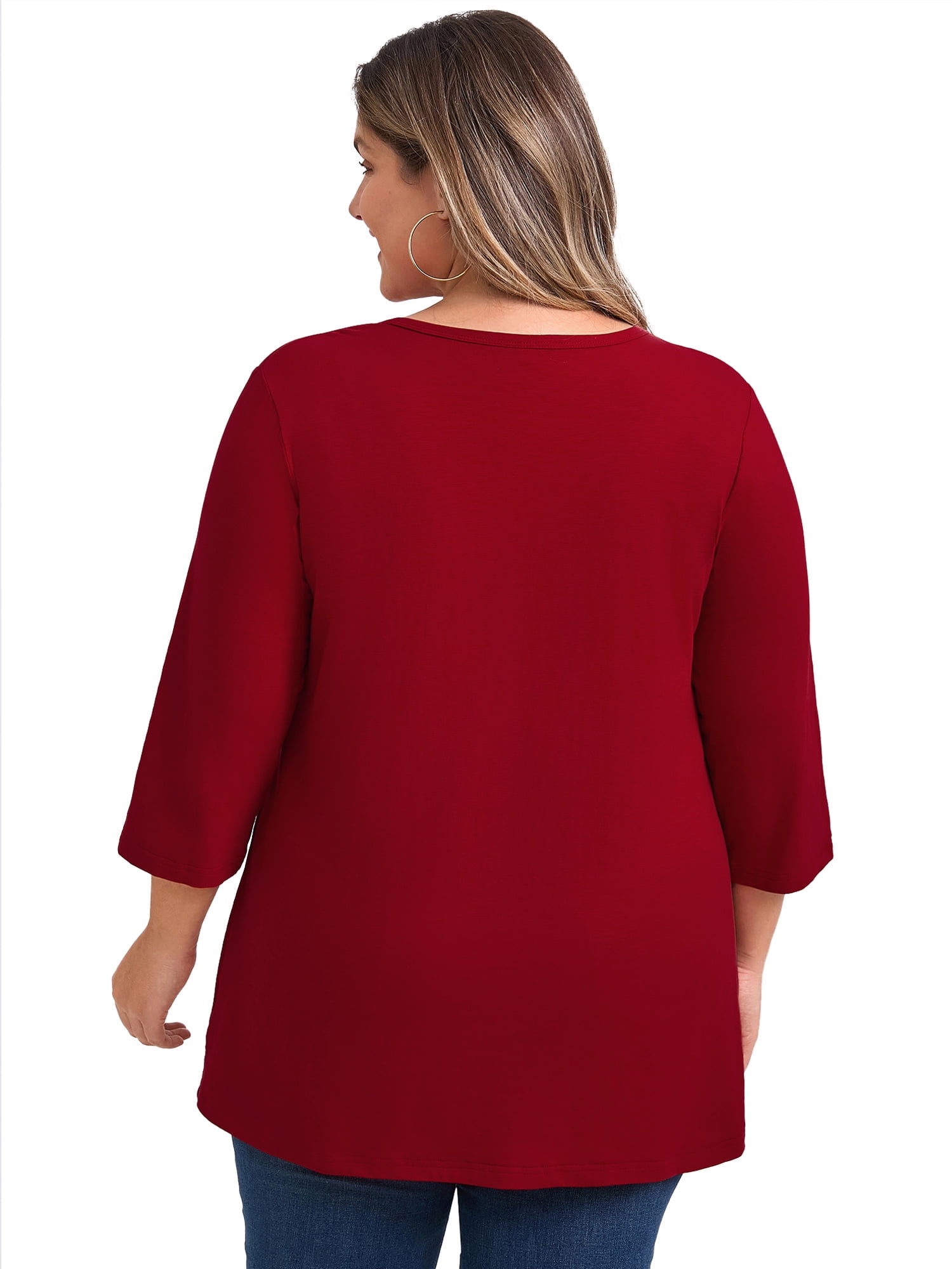 Women's Plus Notched Neck 3/4 Sleeve Front Pleated Button Decor Blouses Dressy Casual 3X Red