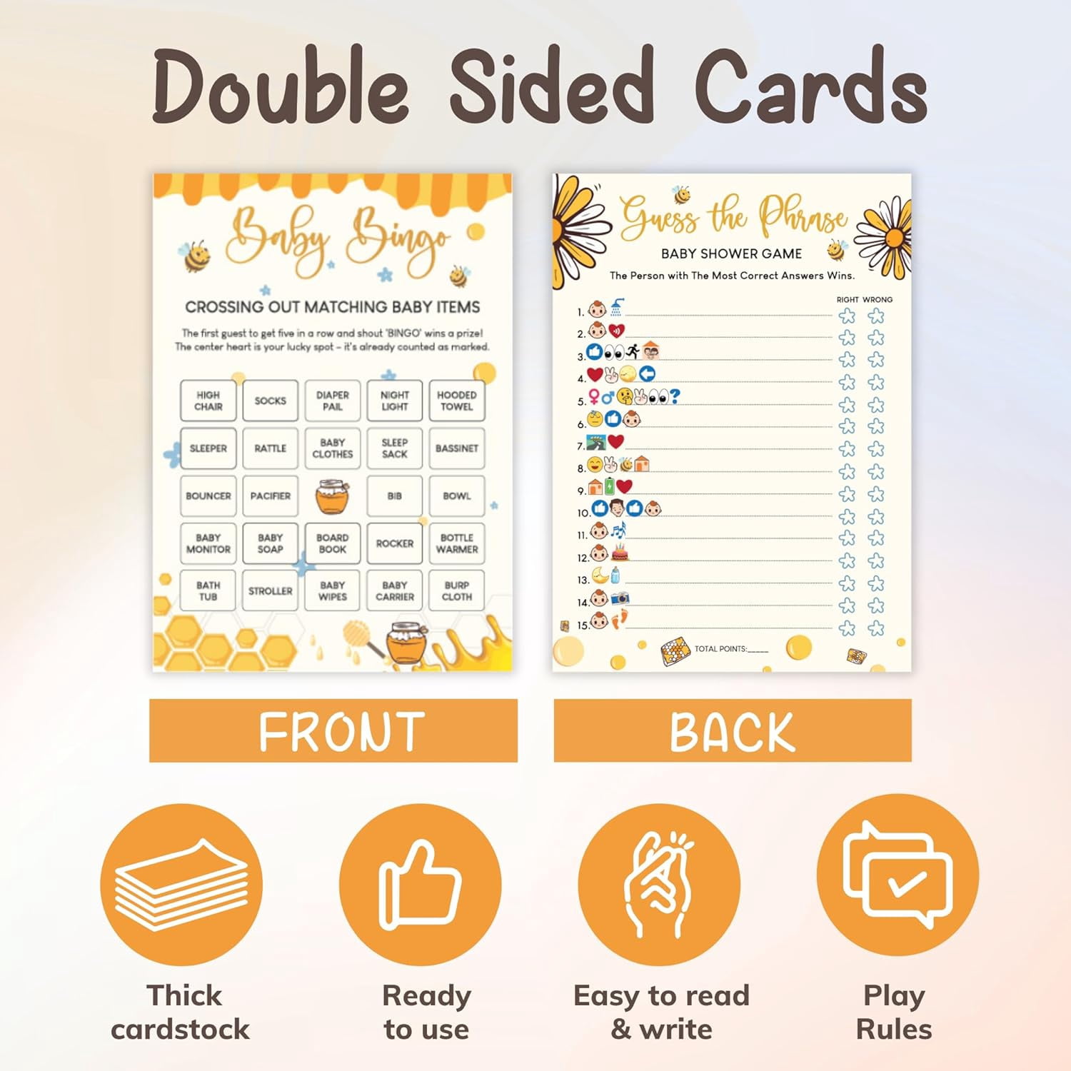 Bumble Bee Baby Shower Games for Girl Boy - 4 Funny Party Games for Bee Baby Shower Decorations, Word Scramble Bingo Mommy Or Daddy Game Cards for 25 Guests
