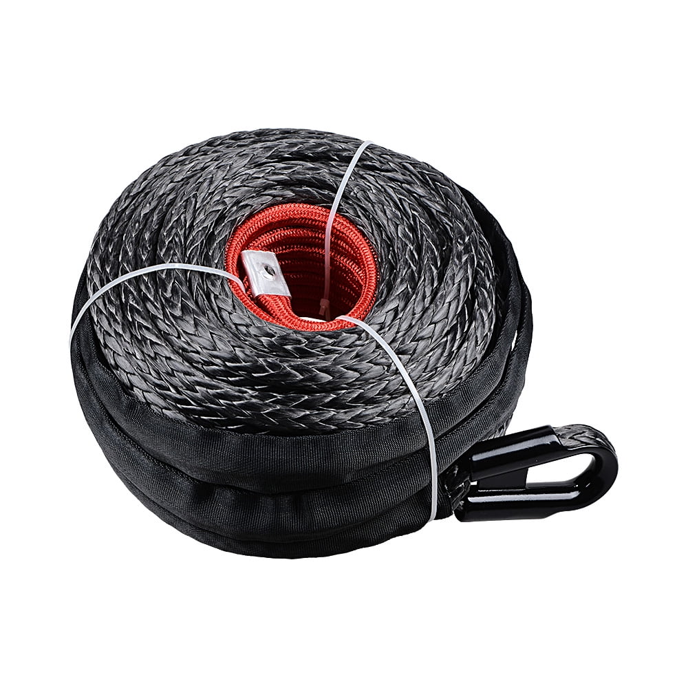 Red Half-Linked Winch Hook Anzio 50ft x 3/16 Black Synthetic Winch Rope w/ 22 Heat Guard 