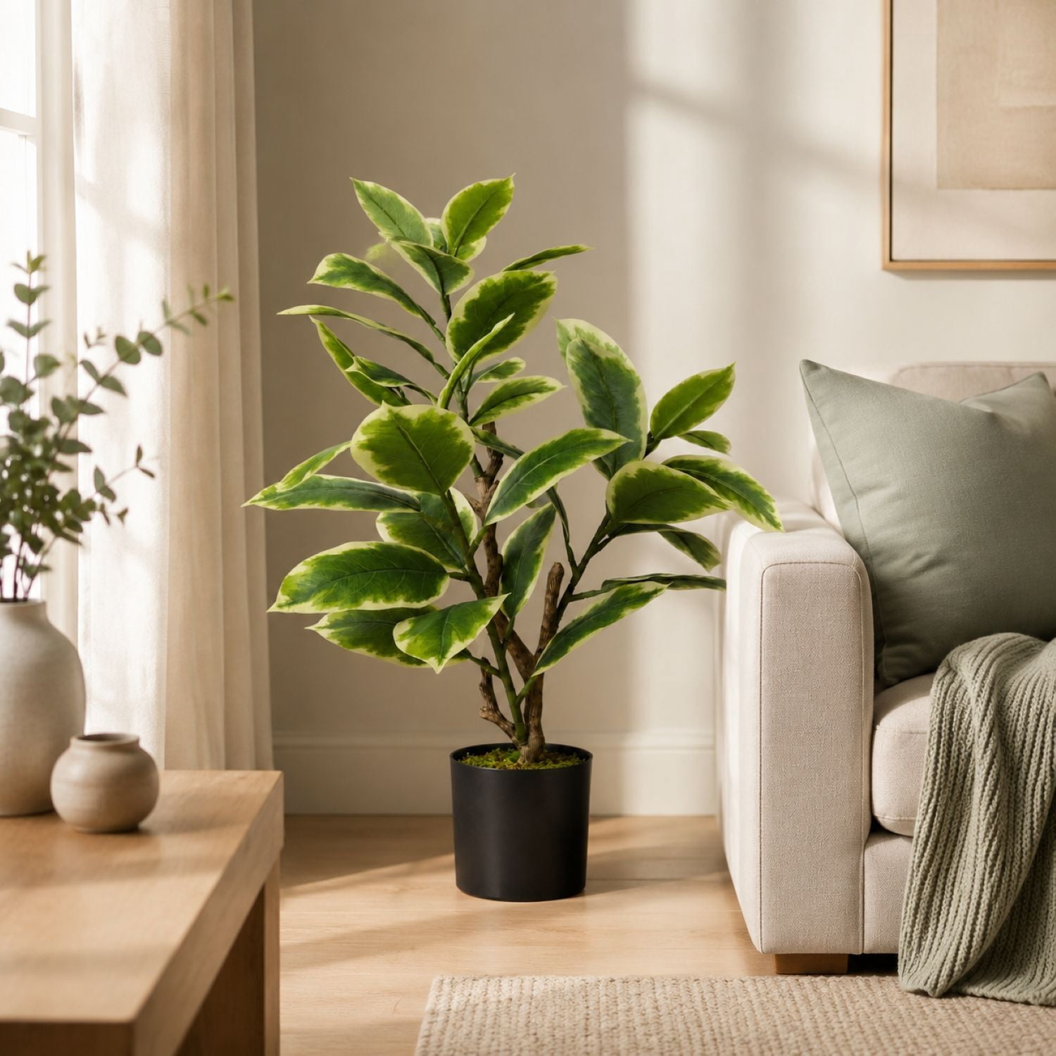 Easy4Home 3FT Artificial Variegated Rubber Plant Faux Ficus Elastica Tineke Tree Potted Indoor Floor Plant - Ready to Display