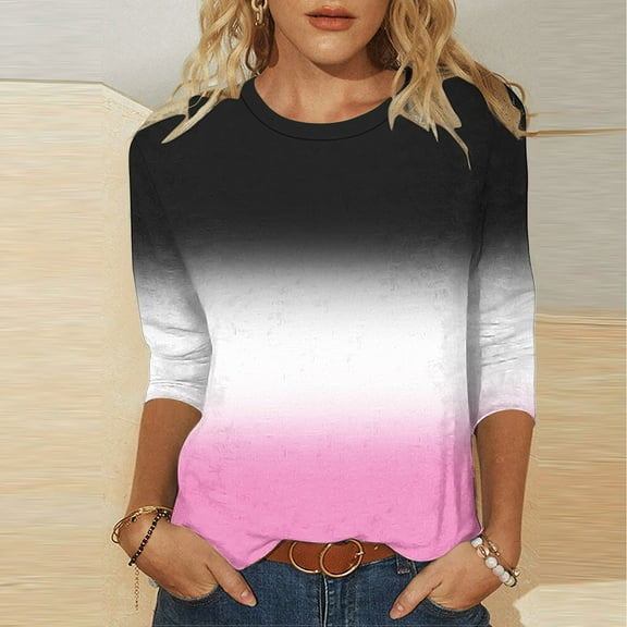 Women's Casual Print Round Neck 3/4 Sleeve T-Shirt - Stylish Gradient Print Summer Blouse