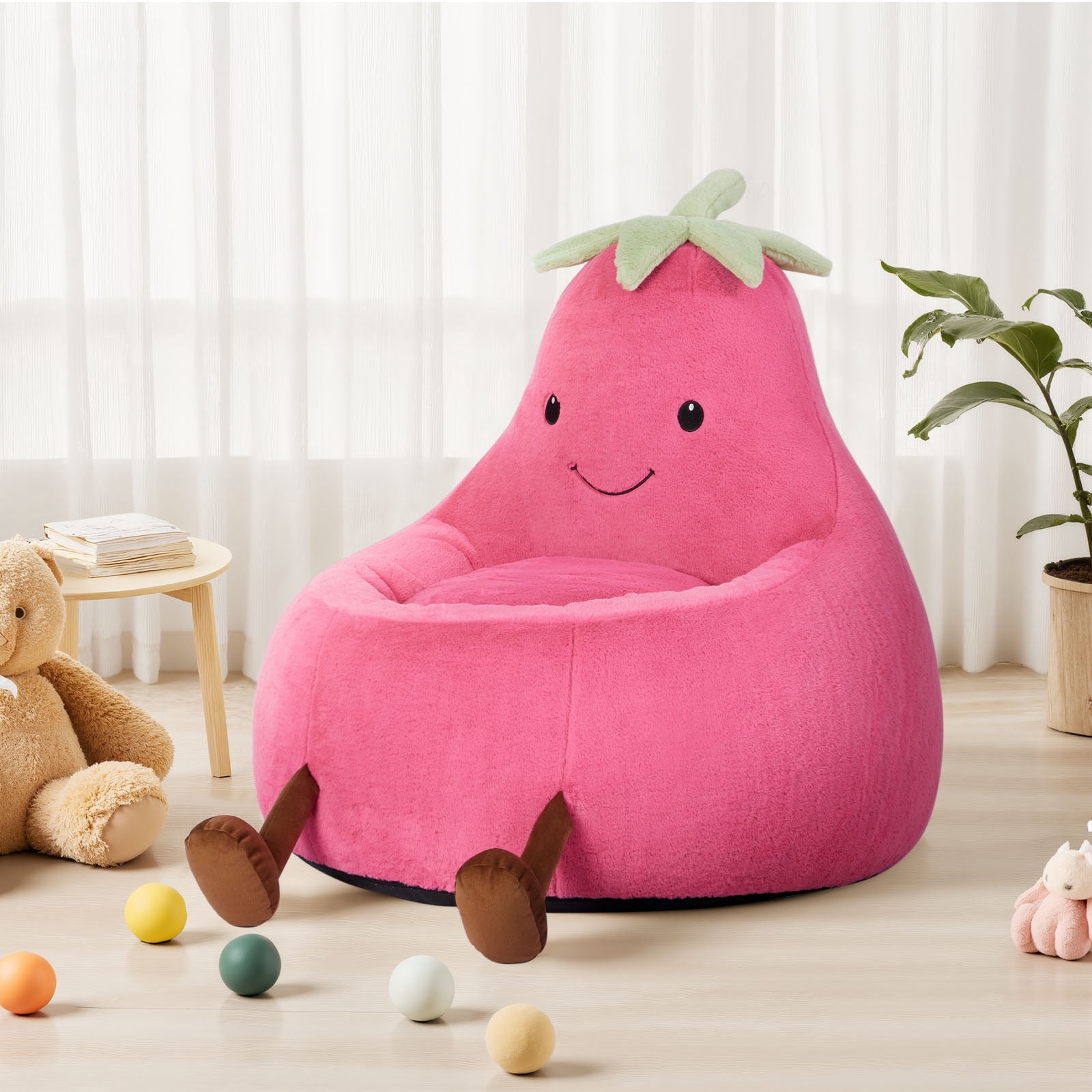 CONCETTA 31in Bean Bag Chair, Soft Faux Rabbit Fur Fabric, Cute Eggplant Lazy Chair for Kids, Living Rooms, Rose Red
