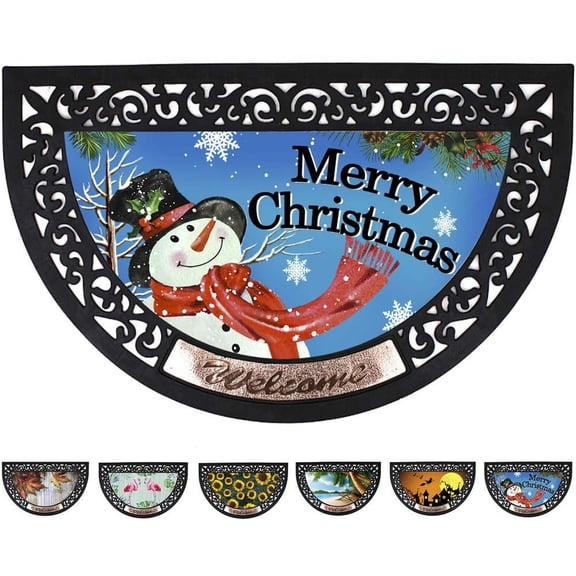 Half Round Rubber Welcome Door Mat, Decorative Indoor Outdoor Christmas Doormat Non Slip Front Door Mat, Easy to Clean Low Profile Mat for Entry Patio Garage High Traffic Areas (Christmas Doormat)