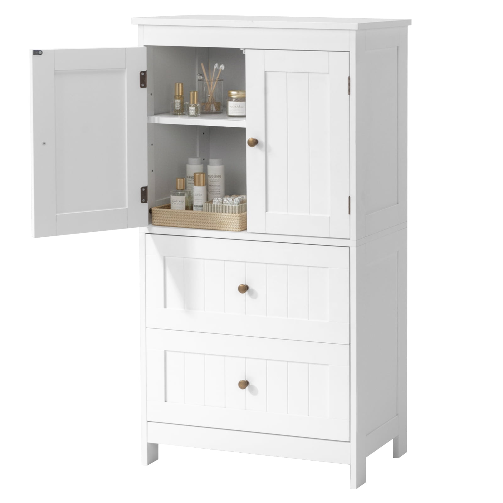 Ktaxon Bathroom Floor Storage Cabinet, Freestanding Cabinet with 2 Doors 2 Drawers, Adjustable Shelves, White