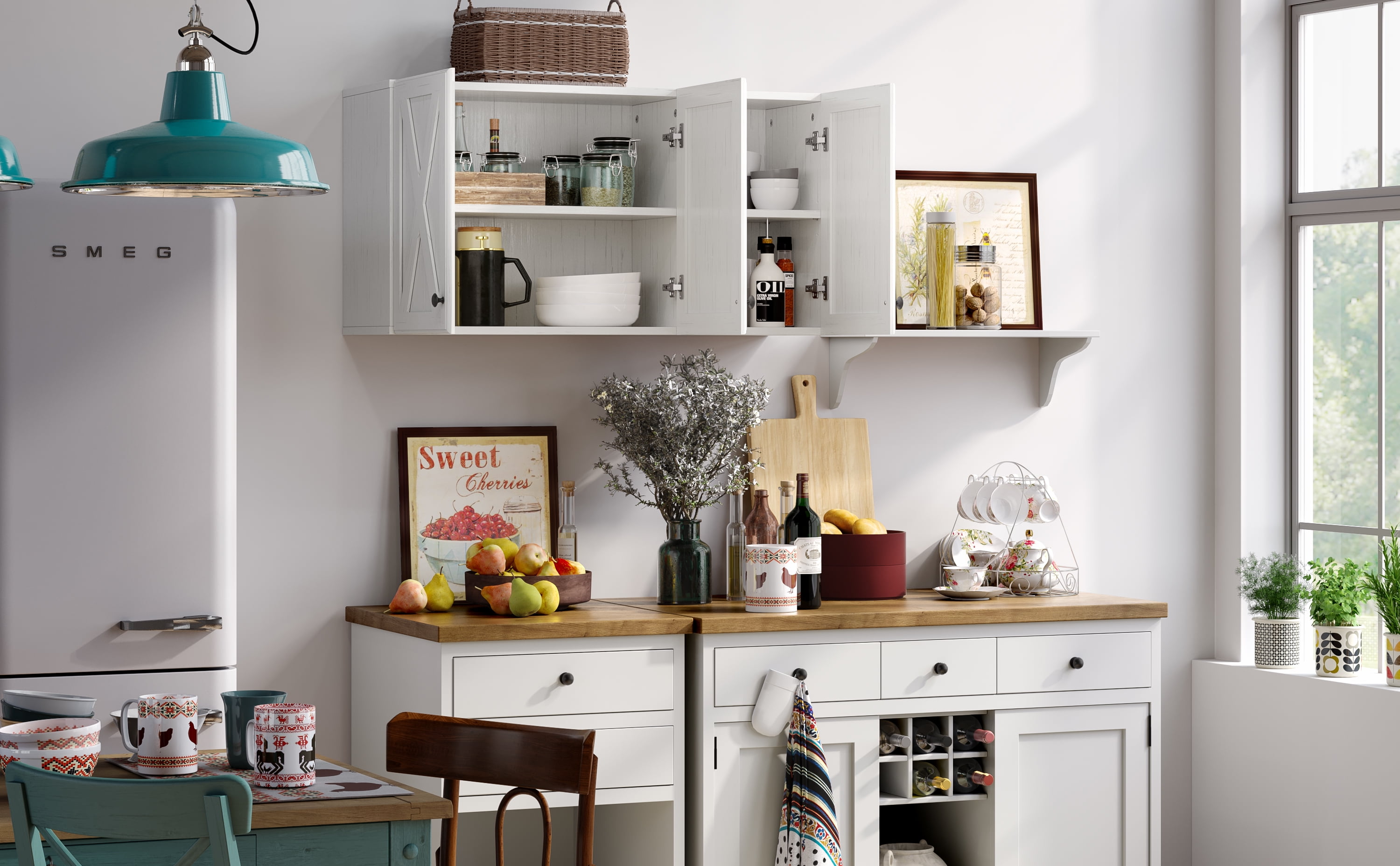 POLIHOME Farmhouse Kitchen Wall Amount Storage Cabinets with 3 Doors and Shelves, 36inch