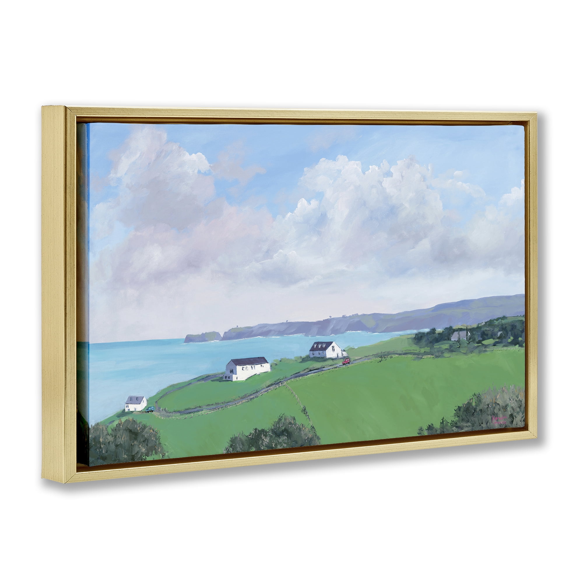 Stupell Industries Coastal Farm Houses Landscape Painting Gold Floater Framed Art Print Wall Art, 31 x 21