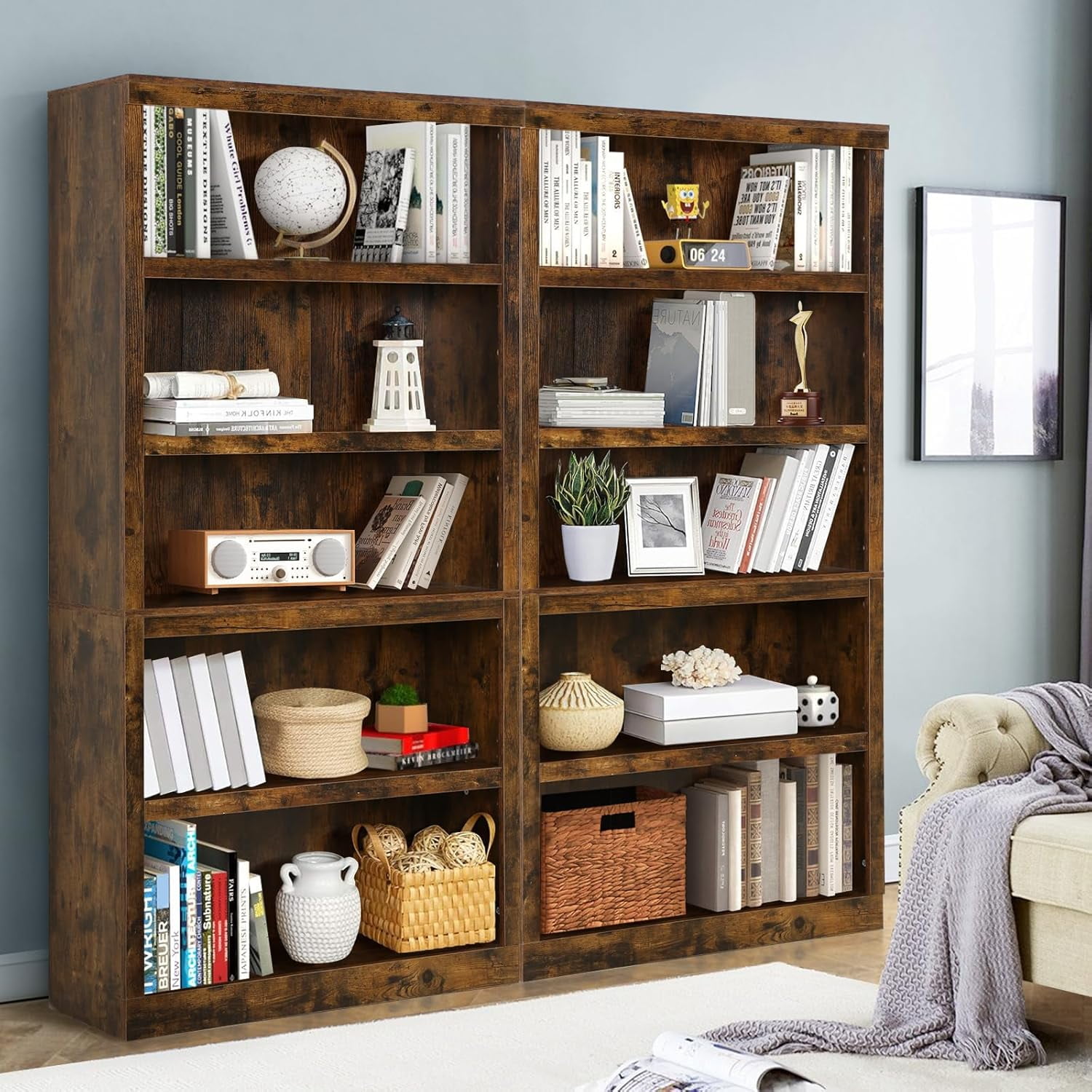 Dkelincs 5 Tier Wood Bookshelf 70" Tall Bookcase Storage Shelves Organizer for Living Room, Brown