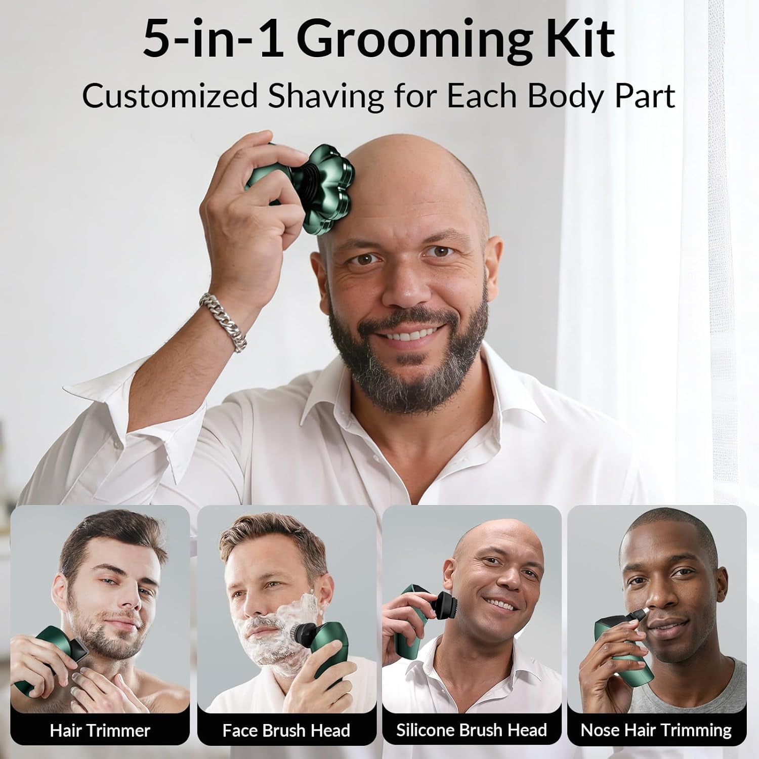 Head Shavers for Bald Men - 7D Arc Electric Razor with Magnetic Detachable Head, Waterproof Wet Dry 5-in-1 Electric Shaving & Grooming Kit, LED Display Head & Body Hair Shaver, Dark Green