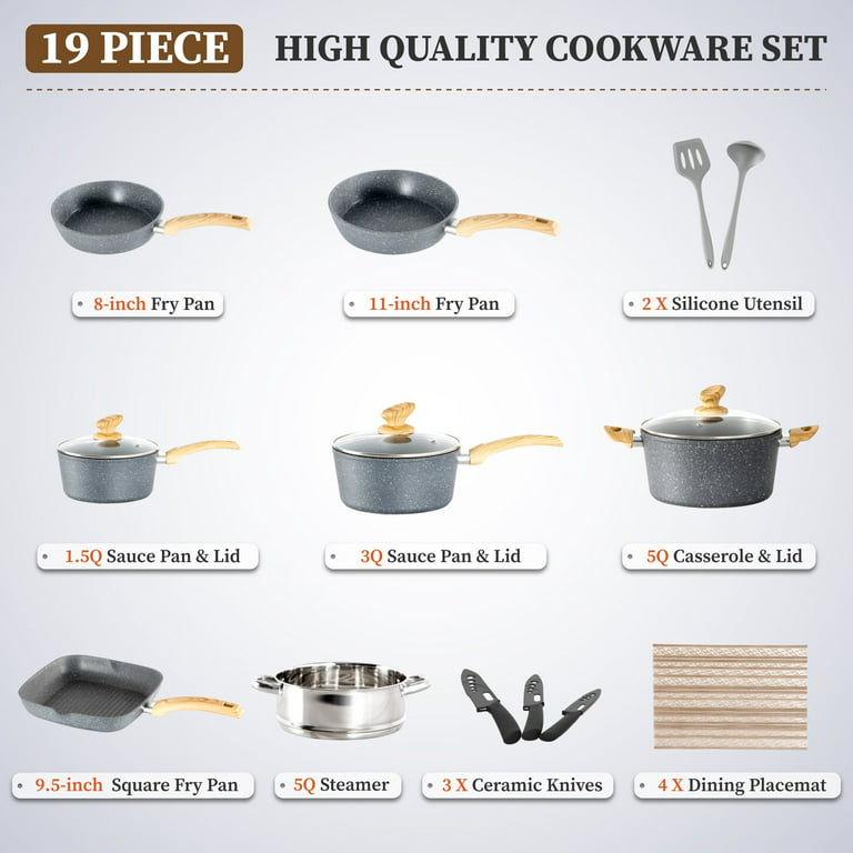 19Piece Induction Cookware Set Pots and Pans Set Kitchen Granite Non Stick  w/Lid