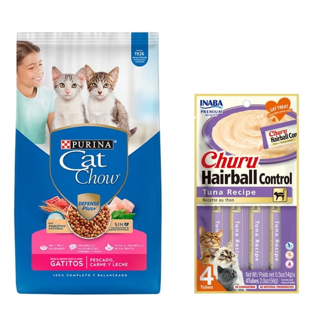 Cat Chow Gatitos Pescado Carne y Leche Defense Plus 7.5 kg + Churu Hairball Snack con 4 tubos de 14g