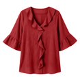 thumbnail image 2 of Red Shirts for Women's Fashion V Neck Trim Pleated Blouse Casual Loose Fit Tops, 2 of 4