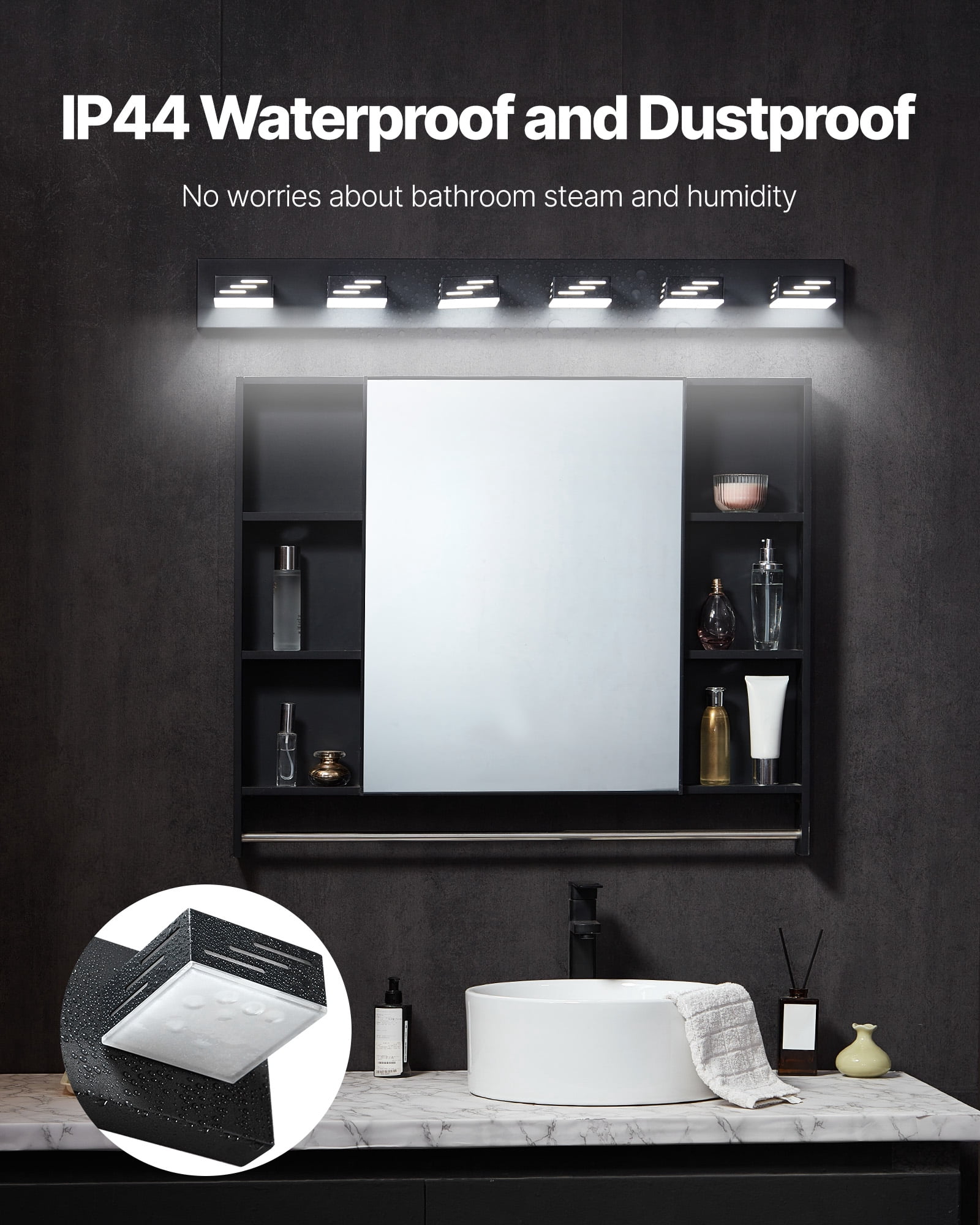VEVOR 6-Light LED Modern Vanity Light Fixtures,40.35-Inch,Black Finish Bathroom Wall Lighting Fixture Over Mirror, with IP44 Waterproof, for Bathroom, Living Room, Bedroom, Hallway, Cool White 6000K