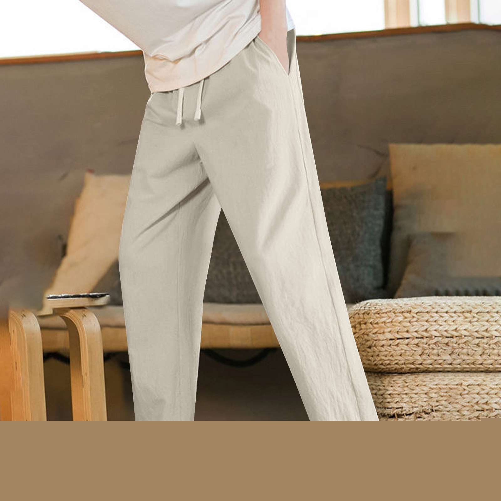 thumbnail image 3 of Ceisia Men Solid Color Breathable Elastic Waist Drawstring Pants All Occasion Gift Casual Trousers, 3 of 5