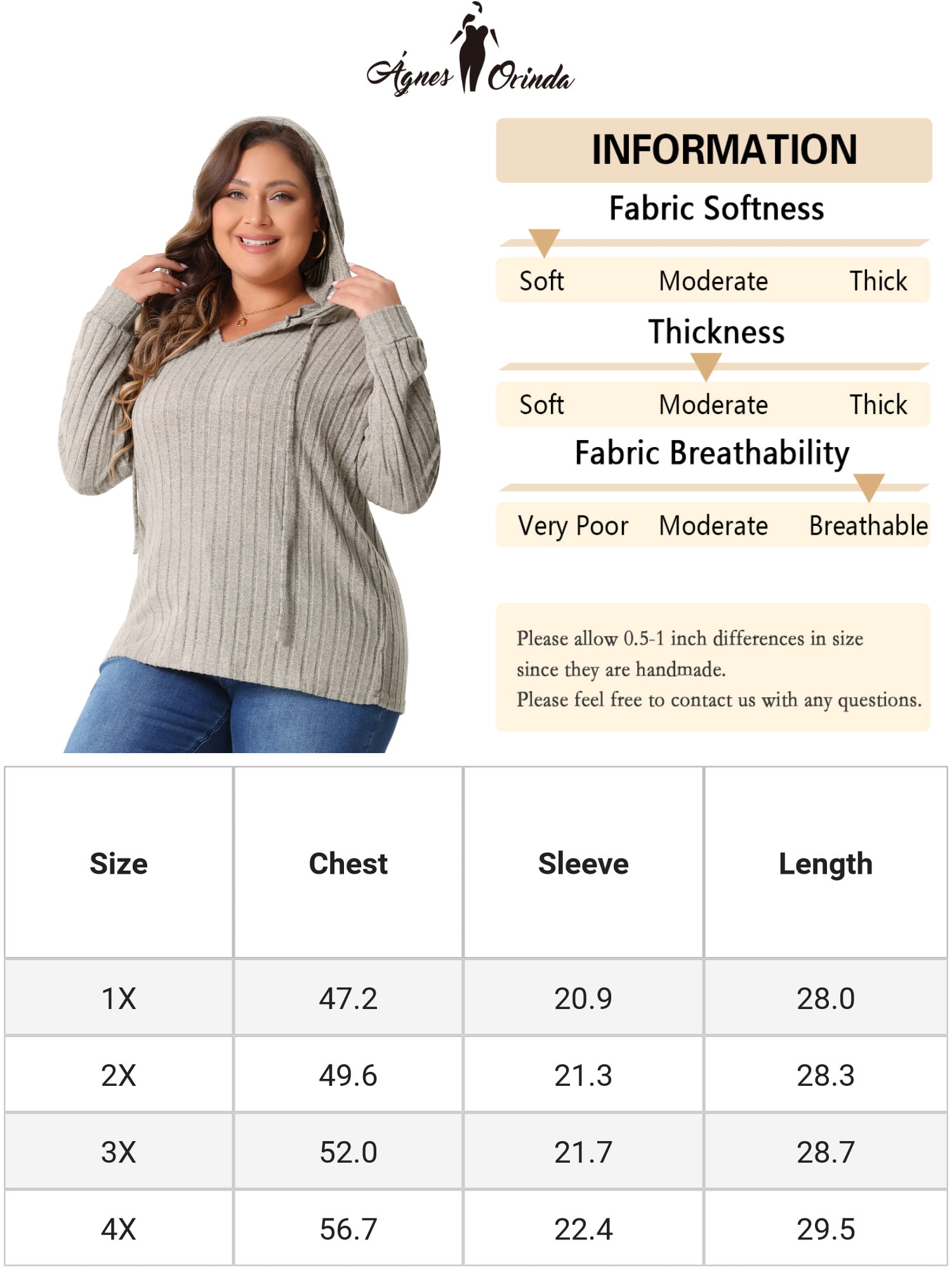 DARING DIVA Women's Plus Size Fashion Hoodie Lightweight Drawstring Sweatshirts 2X Khaki