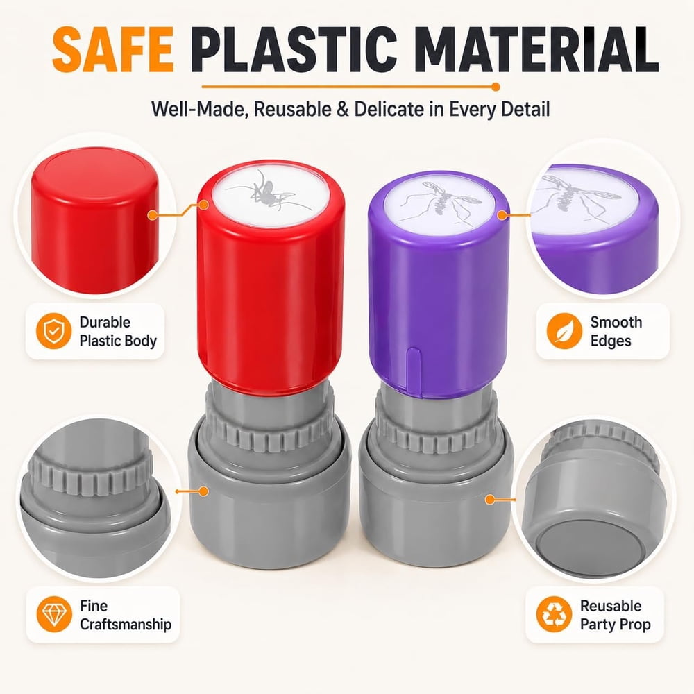 Mosquito prank stamps in red and purple with safe plastic material visual