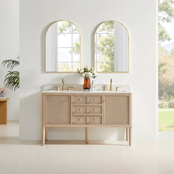 Blaise 60" Double Wood Vanity in Light Oak with Grain White Engineered Stone Top