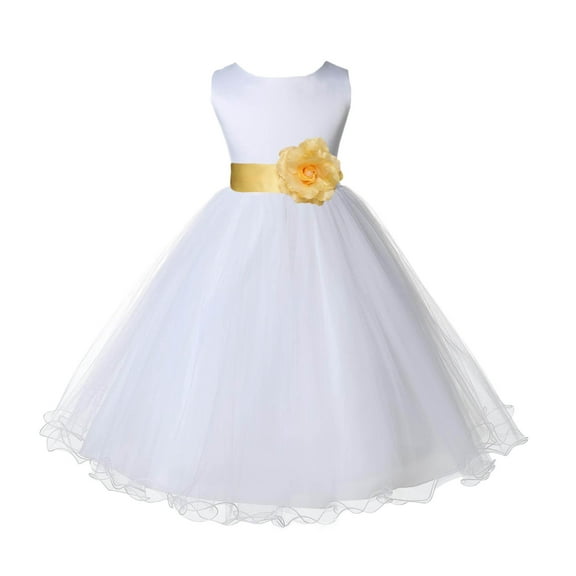 Ekidsbridal Satin White Canary Tulle Rattail Flower Girl Dress Junior Bridesmaid Dance Recital Wedding Beauty Pageant Princess 829S 2