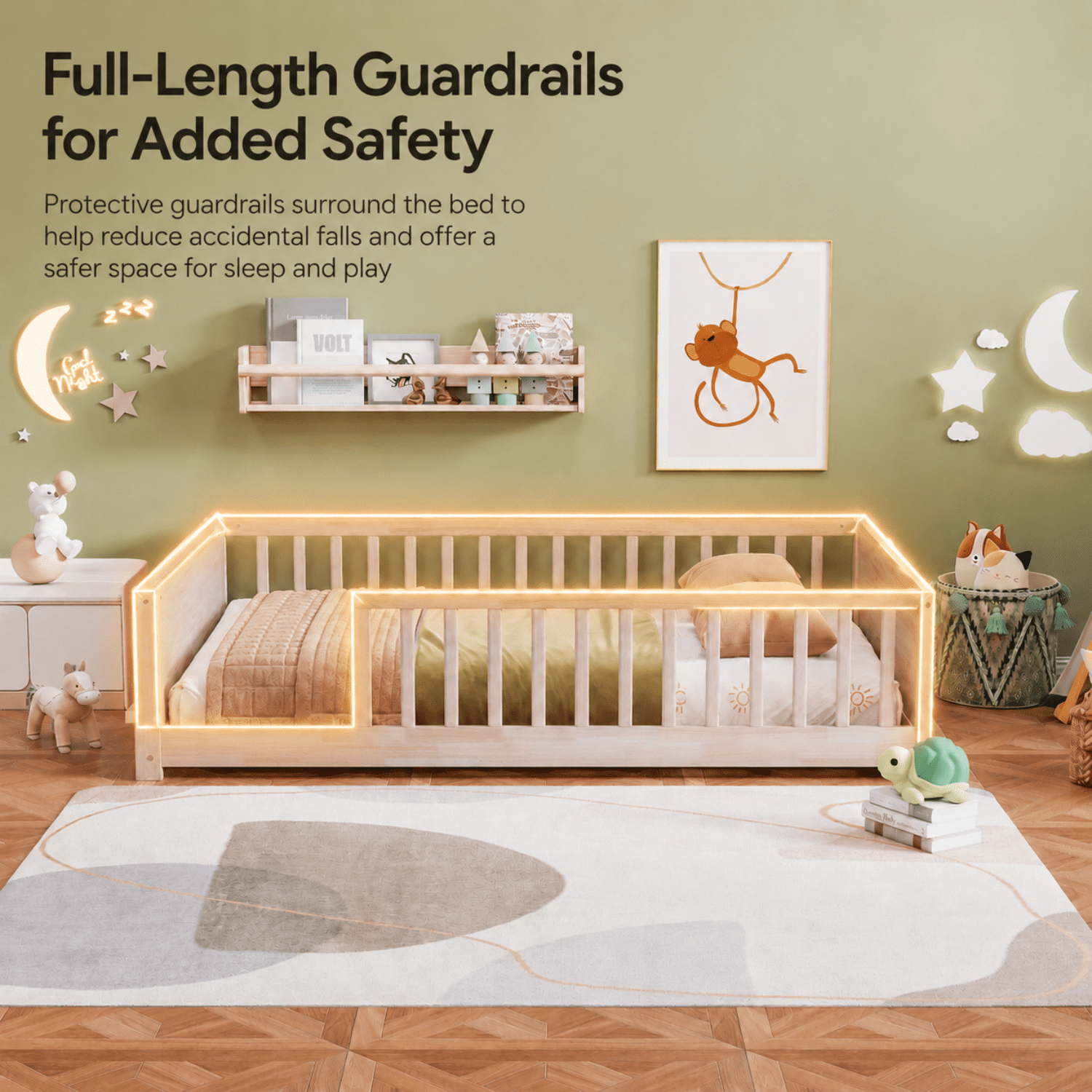 Miniyam Full Size Kids Floor Bed with Guardrails and Bookshelf, Wooden Low Profile Bed, Natural