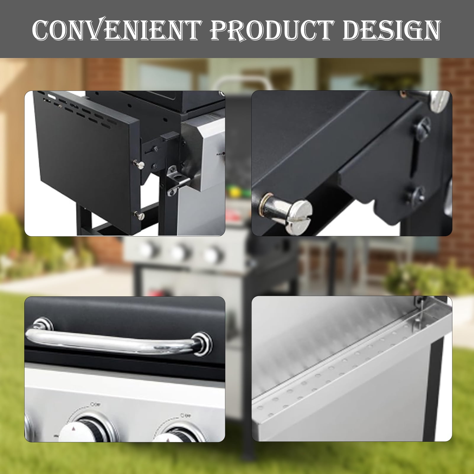 4-Burner Gas Grill, Stainless Steel Propane Grill 2 Foldable Side Tables, 25,650 BTU Outdoor BBQ Grill with Wheels, Built-in Thermometer for Backyard, Garden, Camping