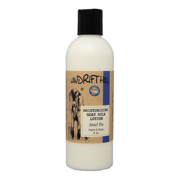 Windrift Hill (guisante de olor) loción hidratante para manos y cuerpo con leche de cabra con aceites esenciales, botella de 8 onzas
