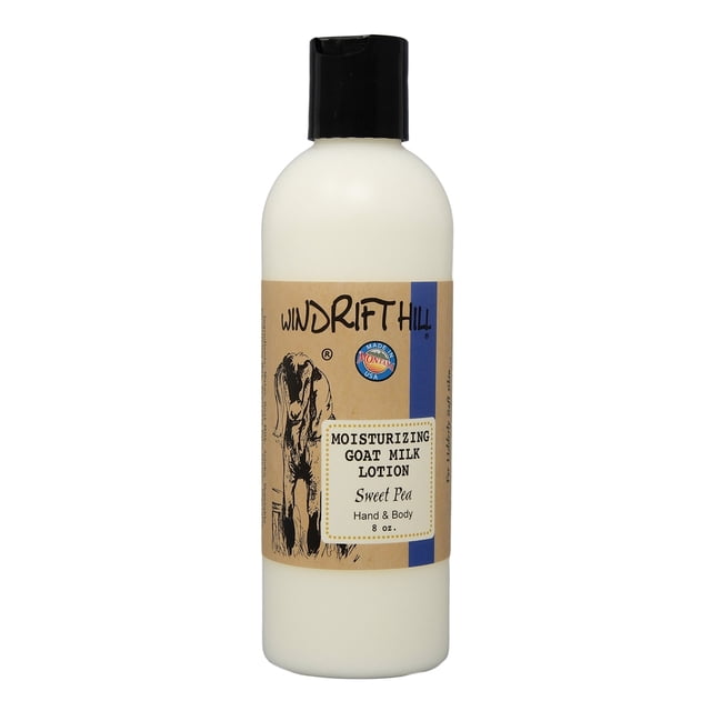 Windrift Hill (guisante de olor) loción hidratante para manos y cuerpo con leche de cabra con aceites esenciales, botella de 8 onzas