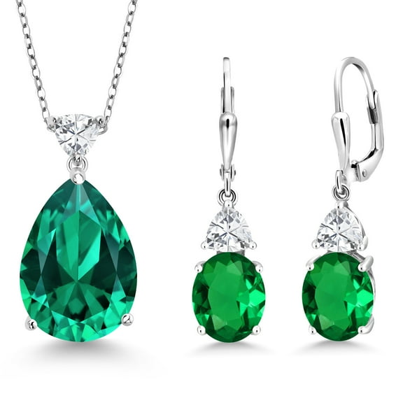 Gem Stone King 925 Sterling Silver Green Nano Emerald and White Zirconia Pendant Earrings Jewelry Set for Women (15.56 Cttw, Pear Shape 18X13MM, with 18 inch Chain)