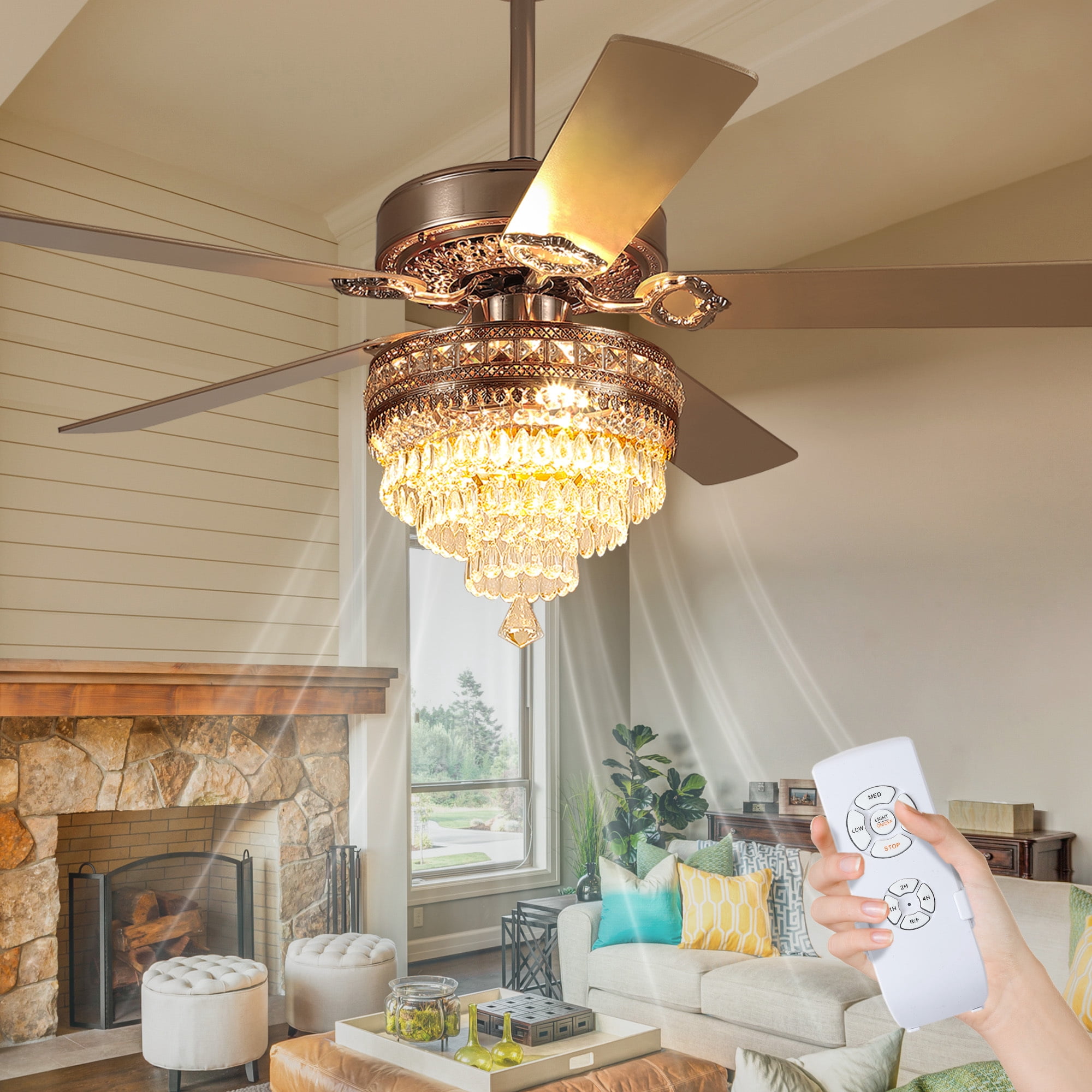 YIOSI 52" Crystal Ceiling Fan with Lights,Fandelier, Gold Chandelier Ceiling Fan with Remote Control, 3-Speed Silent AC Motor, Farmhouse Style for Living Room & Bedroom