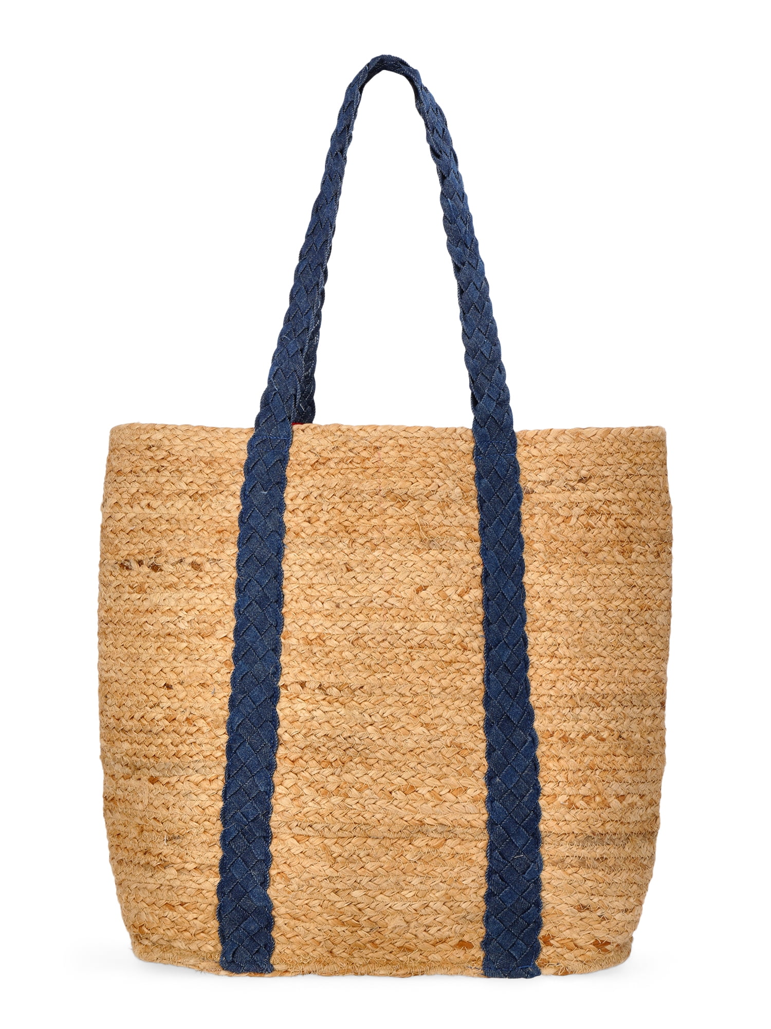 No Boundaries Women's Beach Icons Jute Tote Bag, Natural with Blue Denim
