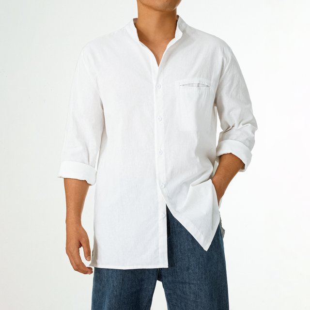xiaxaixu Men Casual Shirt, Long Sleeve Stand Neck Buttons Solid Color Loose Party Street Spring Summer Tops