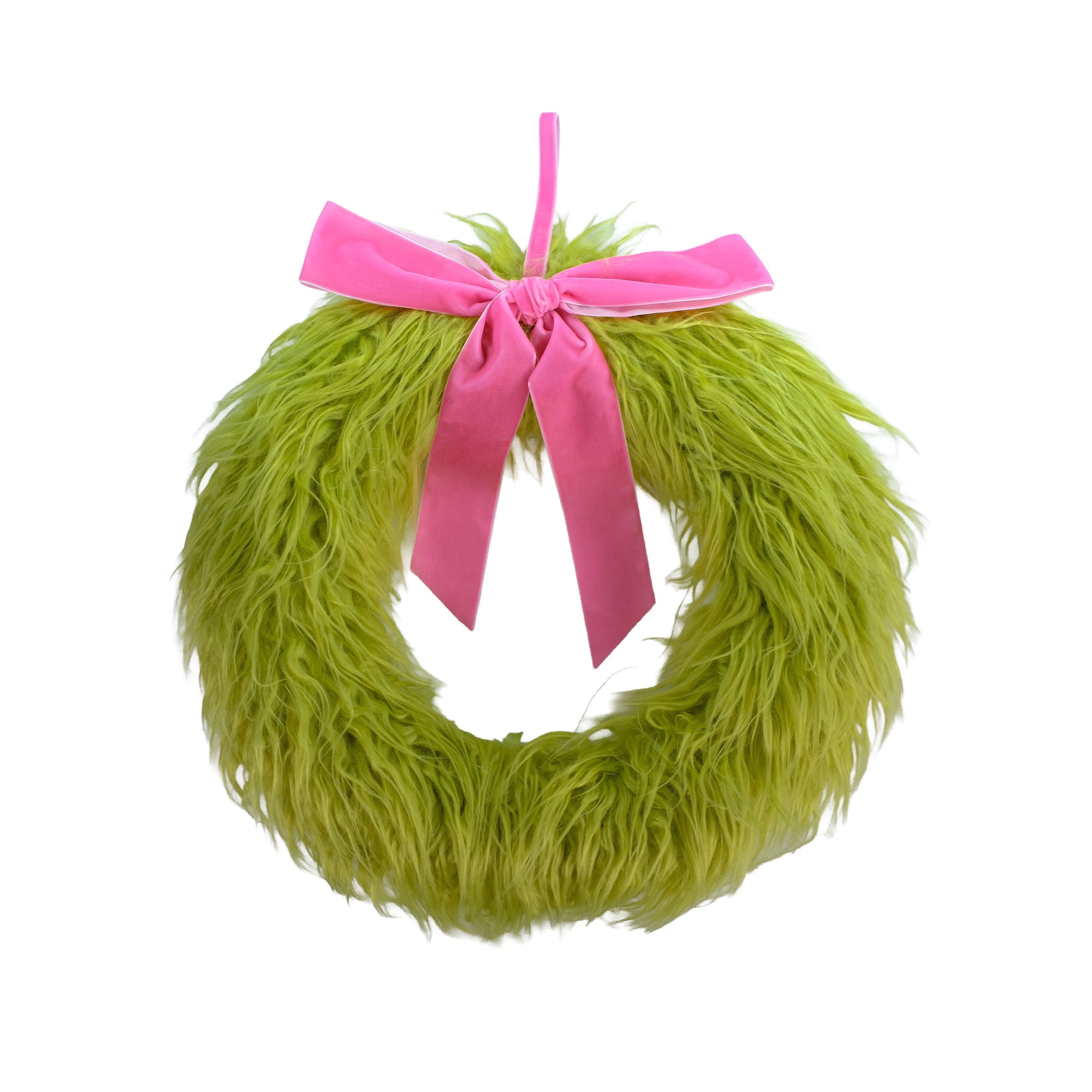 Dr. Seuss The Grinch Green Furry Wreath with Pink Ribbon by Dr. Seuss - Holiday Decoration