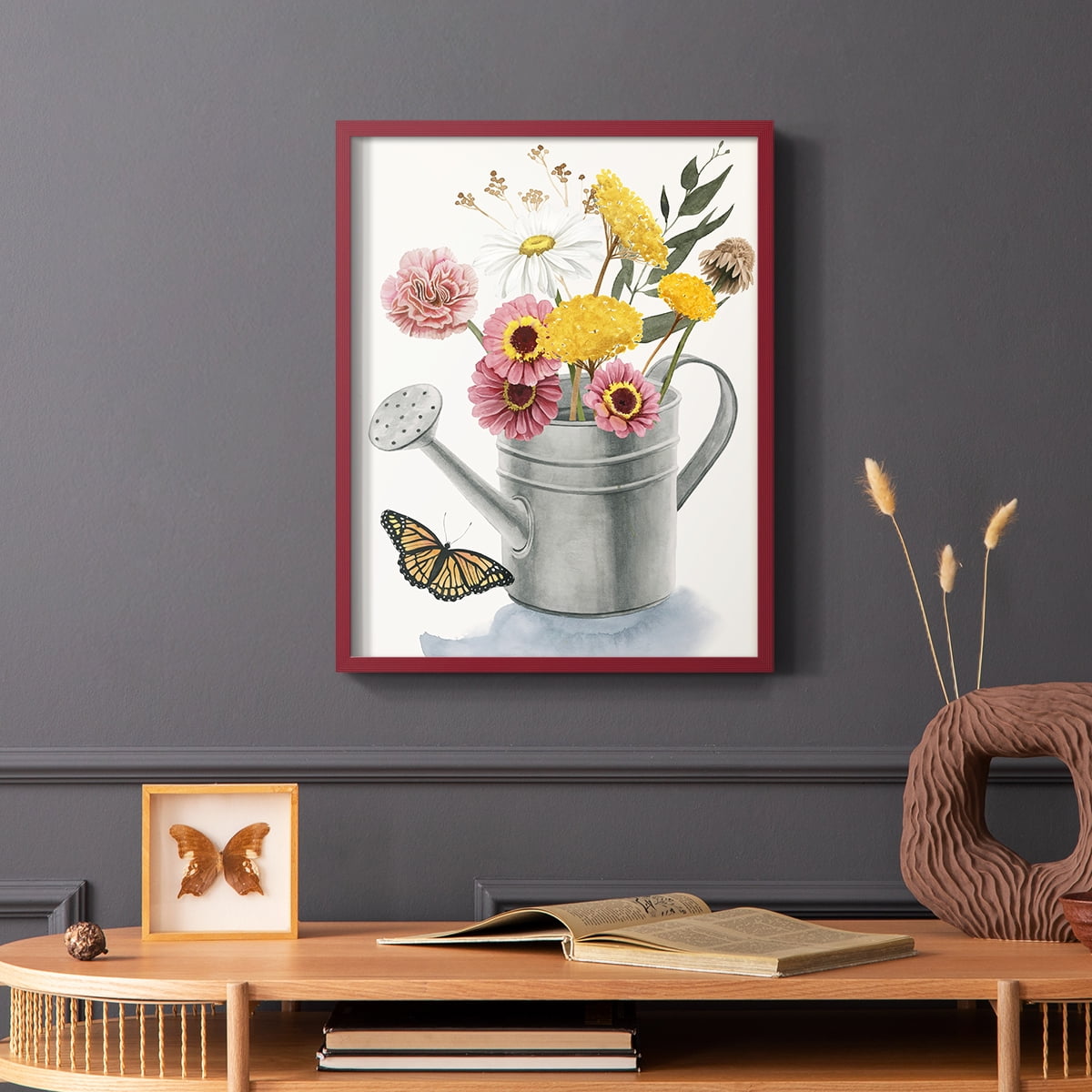 Watering Can Bouquet I Framed Print in Red Solid Wood 11 x 14 Framed Print
