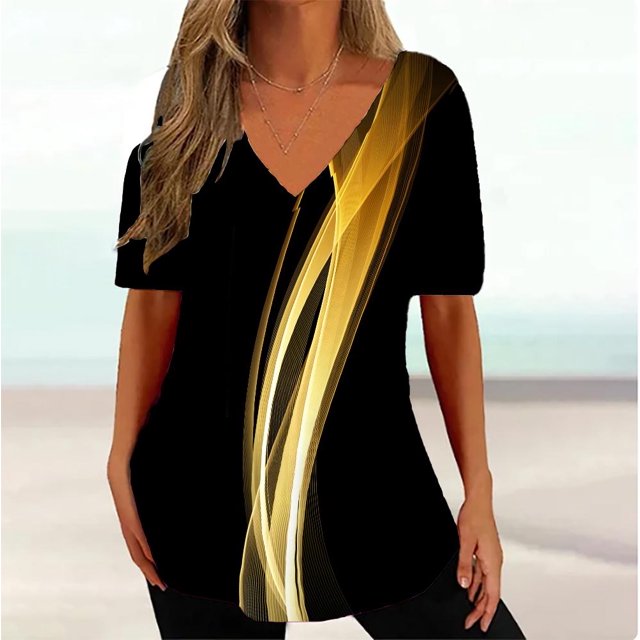 RWJDXD RWJDXD Ample et Confortable en Été, T-shirt Simple pour Femmes, T-shirt Courbe Ondulée 3d, Mode Col en V, Manches Courtes, Vêtements de Rue Décontractés pour Femmes