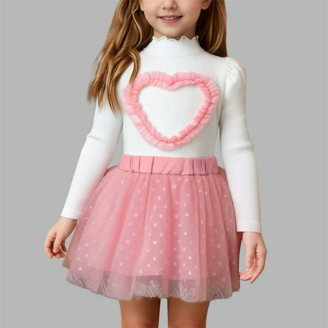 Conjunto de falda y top de malla para niña, conjunto de dos piezas, top y falda, blusas de manga larga y cuello redondo, blusas de poliéster para niños