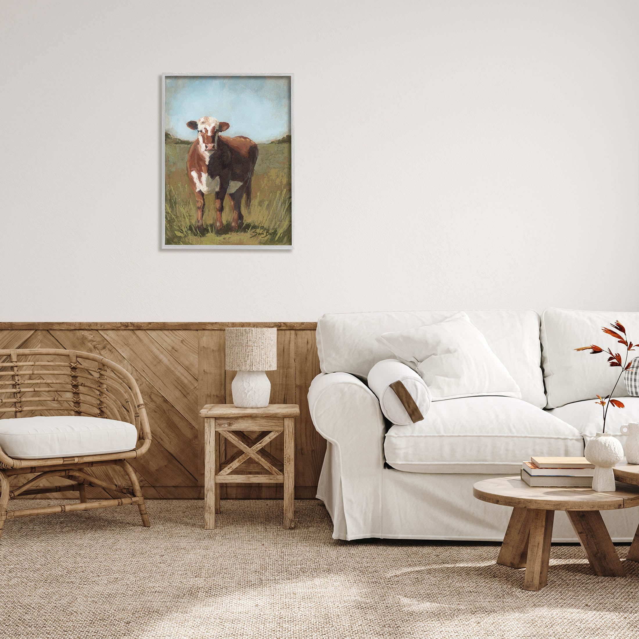 Cattle Vast Countryside Field Animals & Insects Painting Gray Framed Art Print Wall Art