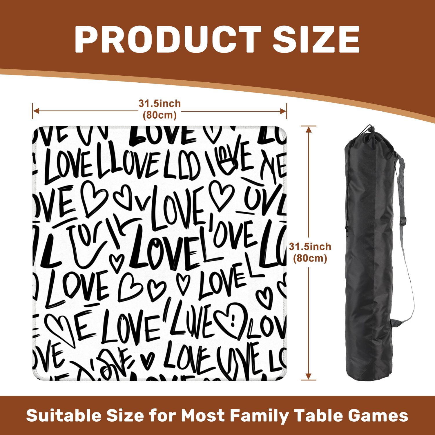 Mahjong Mat 31.5" x 31.5" Abstract seamless chaotic words love hearts Grunge monochrome Non-Slip Noise Reduction American Mahjong Tiles Table Cover for Dominoes Poker Card Board Games Gift
