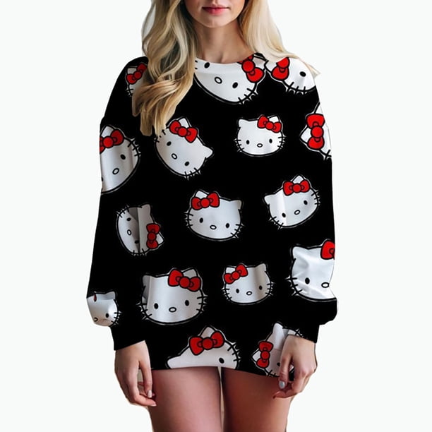 Sudadera con capucha informal holgada con estampado de Hello Kitty y grafiti de manga larga para mujer, primavera otoño 2024, sudaderas de cuello redondo de longitud media para mujer