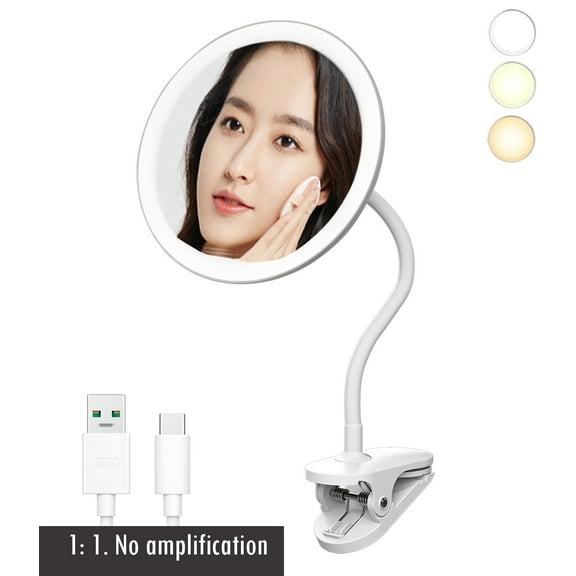 6.5" Clip on Vanity Makeup Mirror with Light, gooseneck Travel 10x Magnifying Mirror,USB Recharge (White 5X),1: 1. No amplification,1