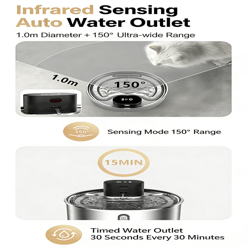 Motion Activated Pet Water Fountain Stainless Steel Construction USB for Home Use