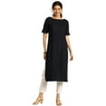 thumbnail image 1 of eloria Women's Fashion Solid Boat Neck Kurti Straight Shape With Regular Style Calf length, Color : Navy Blue, Size : X-Large, 1 of 5