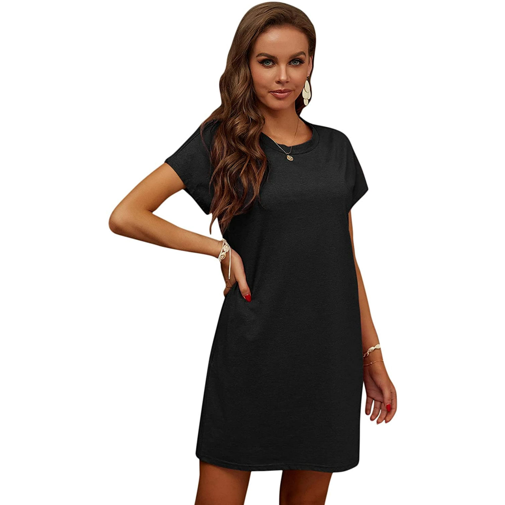 Women s Pocket Round Neck Short Sleeve Mini T Shirt Tunic Dress