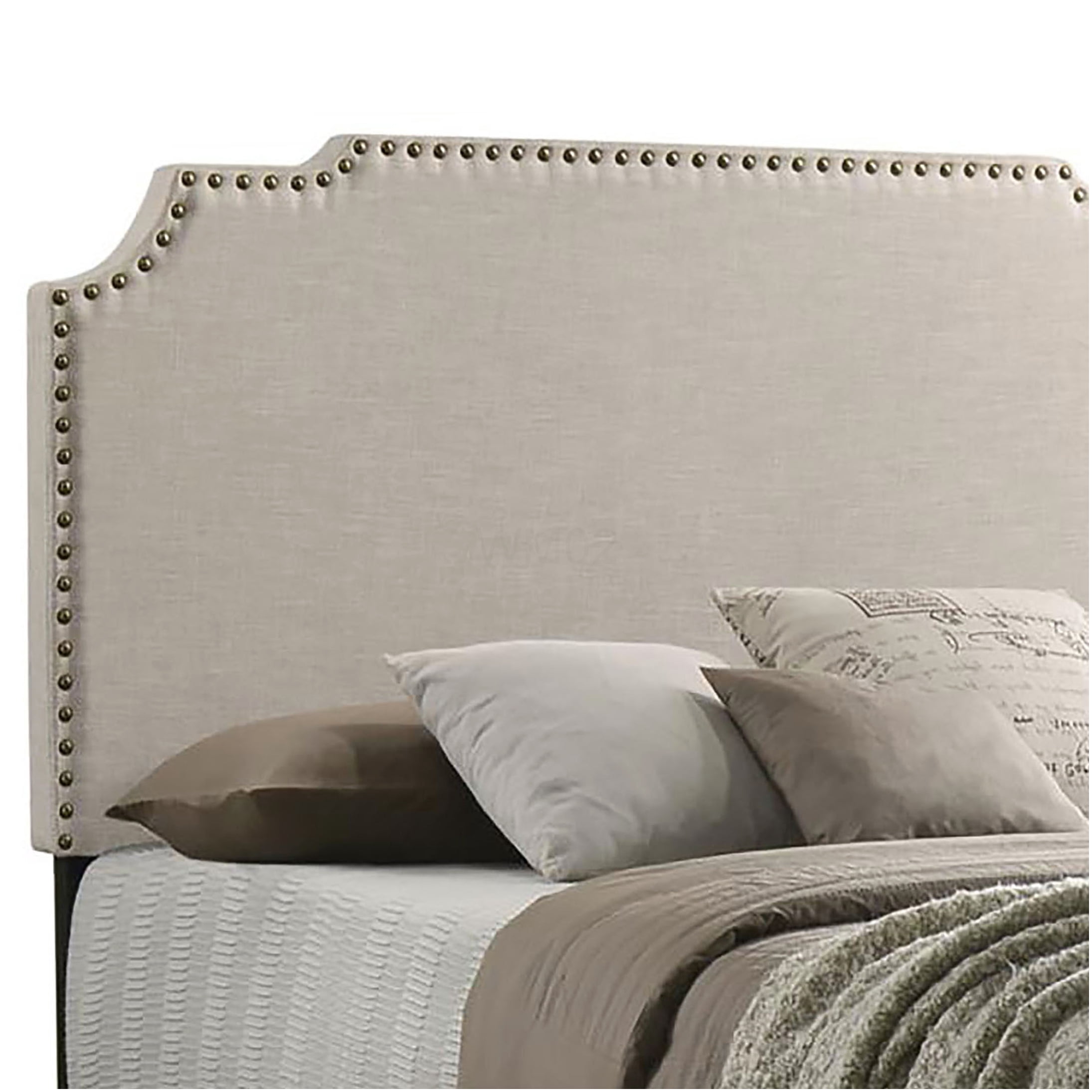 Queen Upholstered Bed Frame with Beige Fabric Headboard and Nailhead Trim for Modern Bedroom