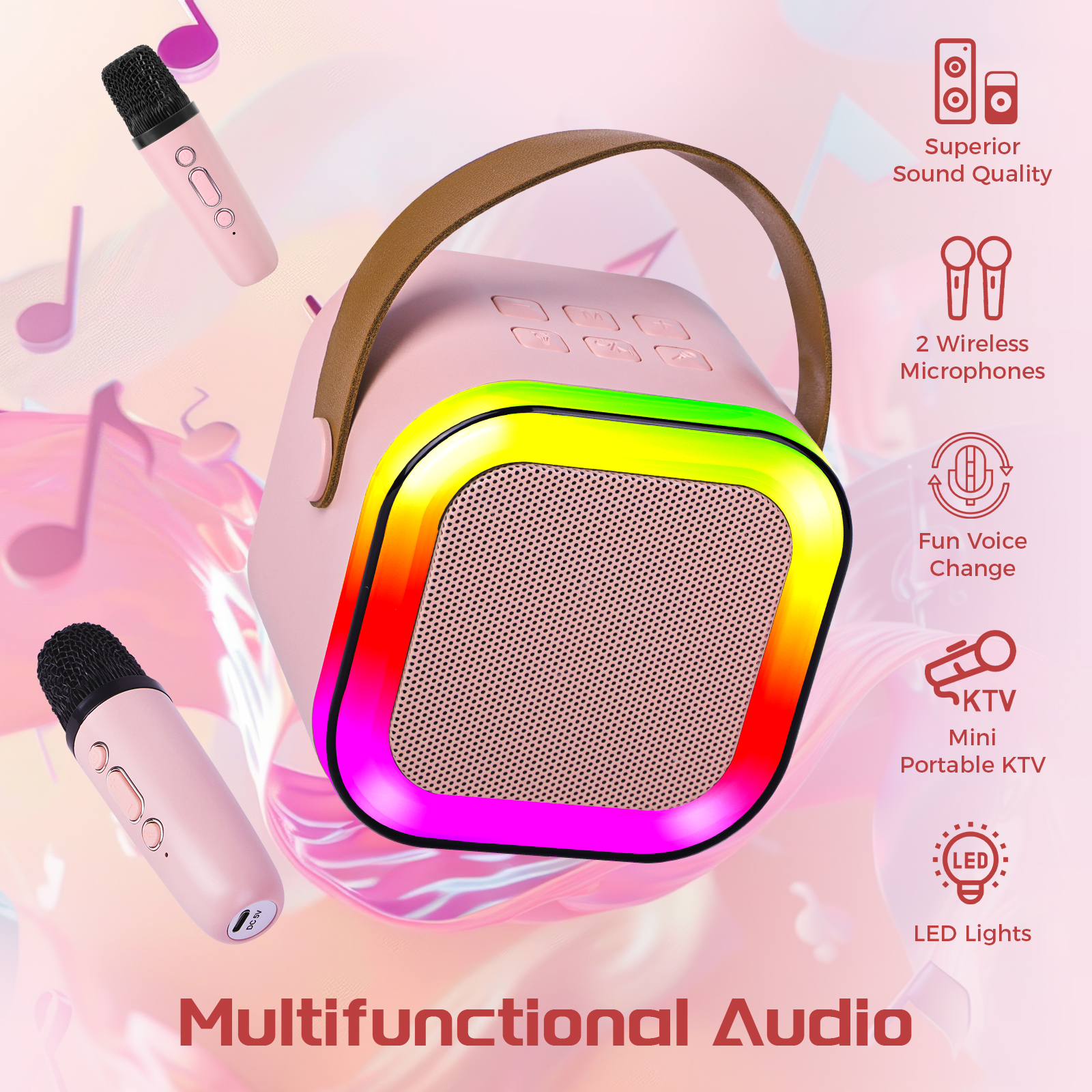 XAXRE Mini Karaoke Machine for Kids Adults, Portable Bluetooth Speaker with 2 Wireless Mic, Karaoke Machine with Voice Changing Effect Colorful Lights Birthday Gifts for Kids Ages 4 to 12+