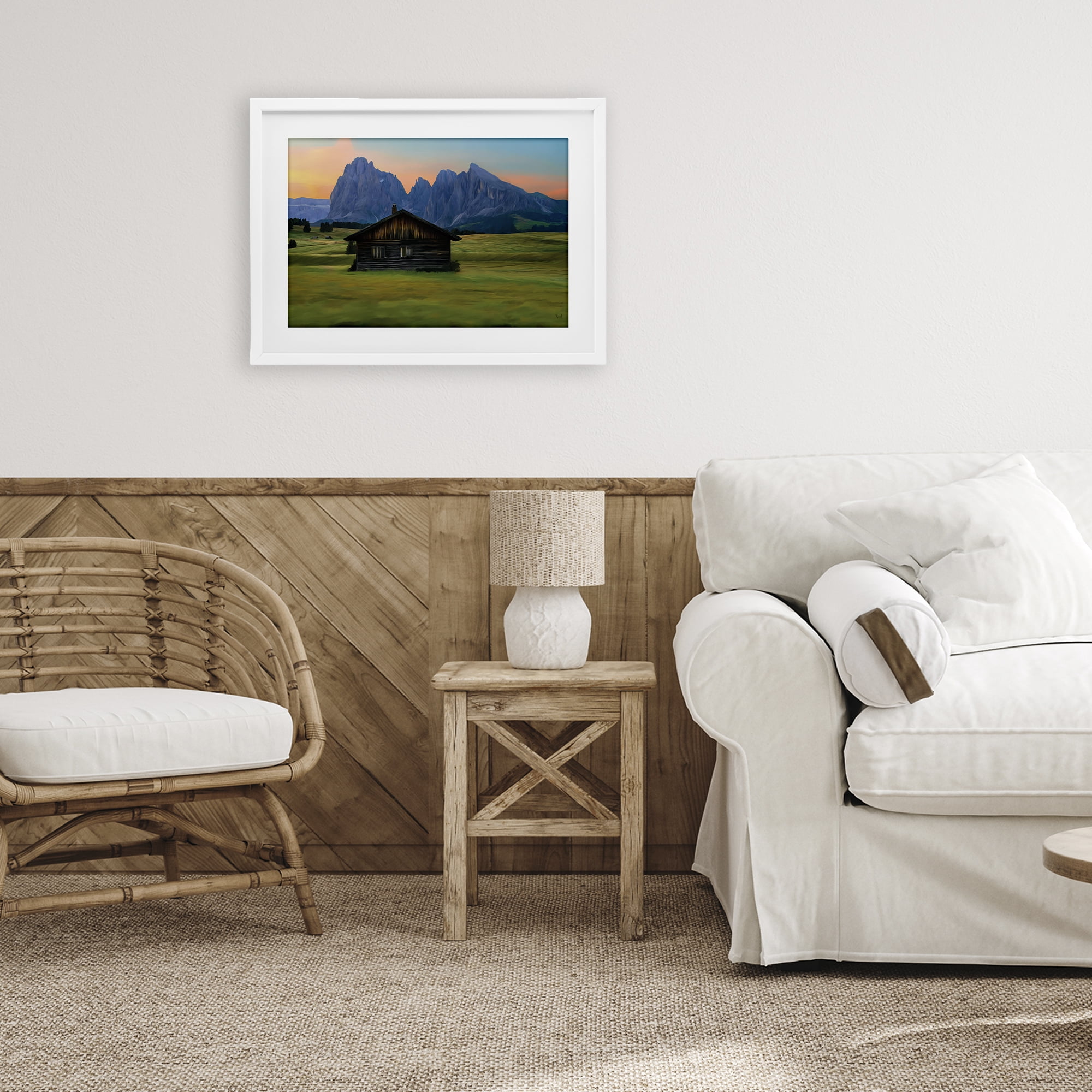 Stupell Industries Solitary Cabin with Looming Cliffs White Framed Print Under Glass, design by Renel Peters